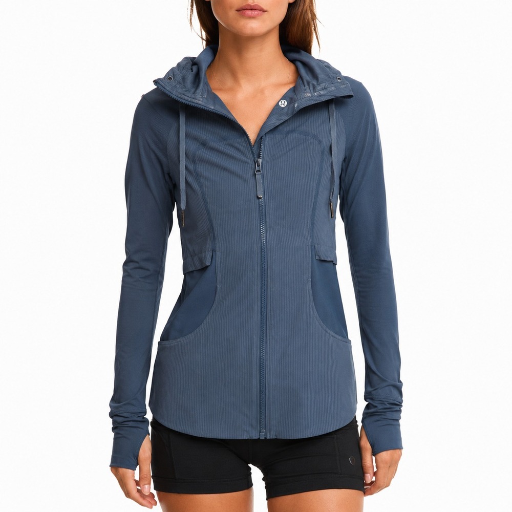 Lululemon In Flux Hooded Jacket‎ Women's Size 6 Slate Blue Ruched Back Thumbhole